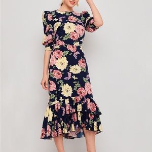 Puff Sleeve Layered Asymmetrical Ruffle Hem Floral Dress